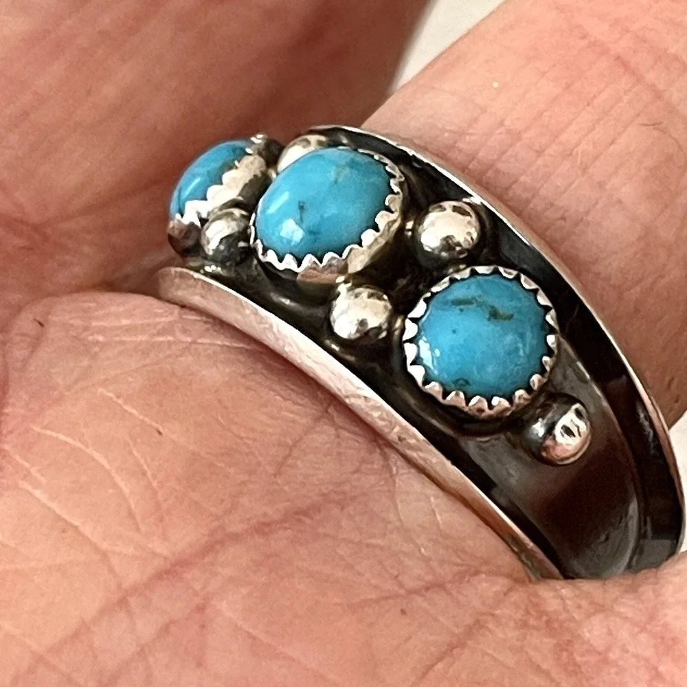 Navajo Turquoise Mens Band Sz 12.5 Three Stone Ring 12mm Sterling Dark Native 5g